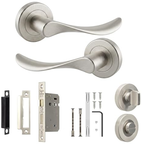Decoranddecor Brushed Chrome Door Handles Internal Bathroom Lock Set | CE marked, thumb turn, no keys, solid aluminium, Bathroom Door Handles with Lock, fits 35-42 mm doors, Nimbus Range