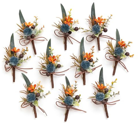 Ling's moment Boutonniere for Men, 10pcs Groomsmen Guest Boutonniere, Artificial Flowers for Wedding Décor/Prom/Homecoming,etc.Dark Teal Orange