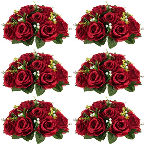 NUPTIO Flower Wedding Centrepieces for Tables - 6 Pcs 9.5in Diameter Crimson Artificial Flowers Rose Ball for Centerpieces Table - Fake Rose Arrangements for Weddings Birthday Party Decor