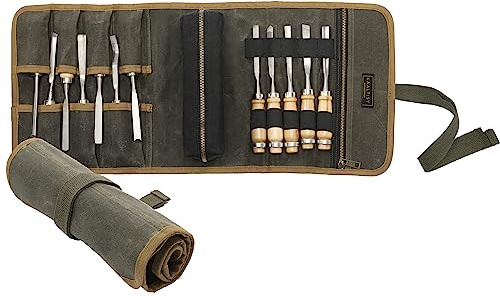 Tool Roll Bag, Heavy Duty 16oz Waxed Canvas Tool Roll with 1 Detachable Zippered Pouch & 7 Tool Slots - Tool Storage Bag for Mechanics Plumbers Truckers | Army Green