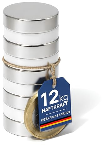 Scheibenmagnet Neodym Magnet-Scheibe Extra Stark - Haftkraft bis 750kg - Starke Rundmagnete - Runde NdFeB Magnete, Stückzahl/Größe: 5 Stück - Ø25x7mm | 12kg Haftkraft