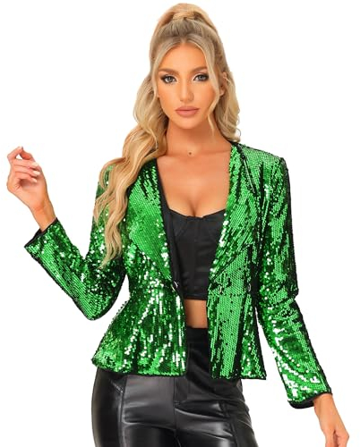Allegra K Damen Langarm Pailletten Glitzerjacke Partyjacke Knopfleiste Sequin Jacke Schwarz Grün L
