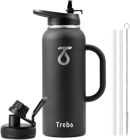Trebo Botella de agua de 40 onzas aislada con asa, jarra grande de metal de acero inoxidable, termo de viaje con tapa de boquilla de popote, vaso con bolsa de transporte, mantiene el frío y el calor,