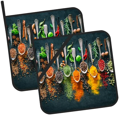 Colourful Various Herbs Pot Holders Set of 2 Heat Resistant & Non Slip Potholders, Spices for Cooking Oven Hot Pads for Kitchen Cooking Baking Barbecue