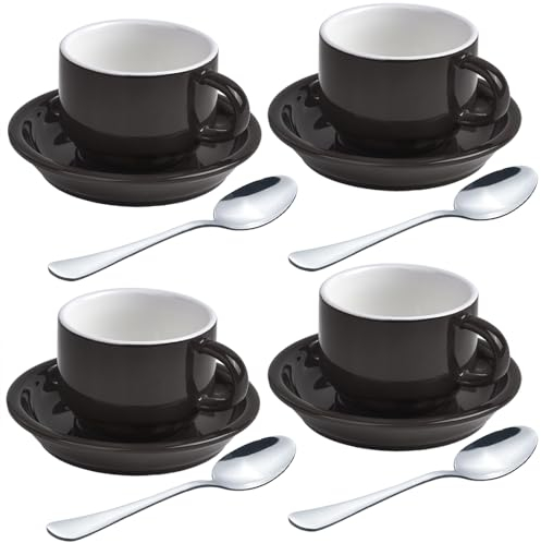 homEdge Premium Espresso Cups with Saucers and Spoons, 2.5 oz, Black Porcelain Set of 4