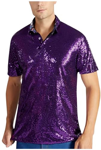 Duohropke Herren Glitzer Kurzarm Oberteil Metallic T Shirt Roundhals Muskelshirt Unterhemd 70er 80er Jahre Kostüm Disco Hemd Party Outfit