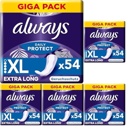 Always Dailies Protect Slipeinlagen Damen, Extra Long, 270 Binden (5x54 Stück Multipack), geruchsneutralisierend, atmungsaktiv, flexibel