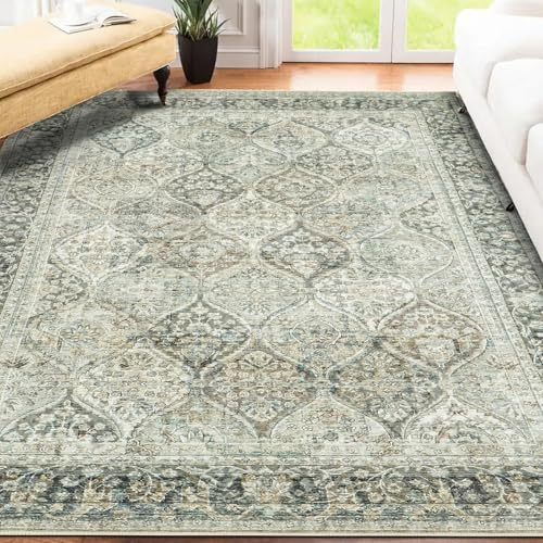 Wohnzimmerteppich, waschbarer Teppich, großer Teppich, 200 x 300 cm, Grün, Vintage-Teppiche | Weicher Niederflor-Teppich für Schlafzimmer, klassischer Teppich für Küche, Esszimmer, rutschfest, fusselfrei