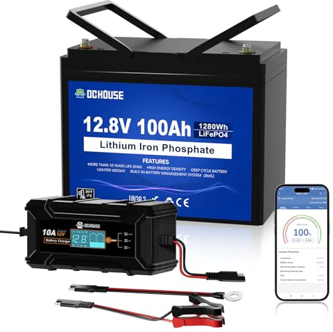 DCHOUSE 12V 100Ah LiFePO4 Lithium Batterie mit 10A Ladegerät, bis zu 15000 Deep Cycles für Schleppermotoren, Wohnmobile, Energiespeicher, Camper, Off-Grid