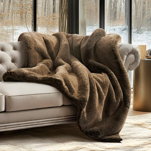 EVERGRACEHOME Luxury Soft Faux Chinchilla Fur Throw Blanket for Couch, Warm Thick Heavy Winter Throw Blanket 1220GSM for Bed, Fluffy Cozy Mink Blanket with Reversible Velvet, Brown Sable, 60x80