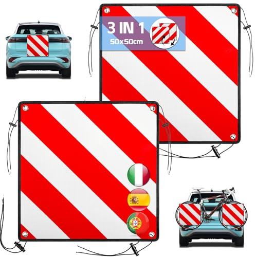 Sorlpv 2 Stück Alu Warntafel für Italien Spanien Portugal, 3 In 1 Reflektierend Warnschild 50x50CM mit Spannseile & Eckenschützer, Zertifizierte für Fahrradträger Heckträger Anhänger Auto Wohnmobil