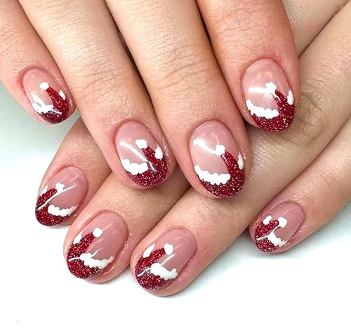 Lot de 24 faux ongles de Noël - Motif bonnet de Noël rouge - Ongles artificiels de Noël - Couverture complète avec colle à ongles - En amande - Pour femmes et filles - Rouge