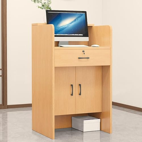 Empfangstresen, Einzelhandelskasse, Moderne Empfangstheke Mit LED-Leuchten, Kassentisch Mit Abschließbaren Schubladen, Kassenständer, Kleiner, Einfacher Empfangsschreibtisch For Den Einzelhandel(Wood