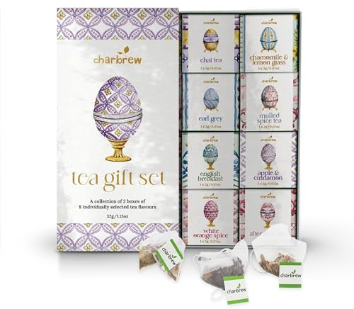Charbrew Egg 16 Box Assortment Tea Gift Set - 16 Mesh Teabags 8 Mix Tea Blends Including Classic & Herbal/Fruit