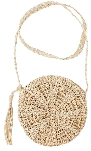 HESHUYAN Strohtasche Damen Elegante Quaste Strand Umhängetaschen Frauen Hohl Stroh Tasche Frauen Mode Runde Schulter Tasche Kreis Rattan Tasche for Femme Runde Strohtasche(Beige)