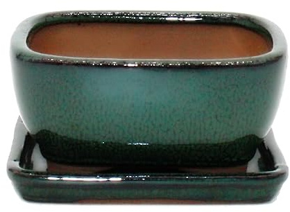Bonsai-Schale mit Unterteller Gr. 1 - Grün - rechteckig - Modell GB5 - L 12cm - B 9,5cm - H 5,5 cm