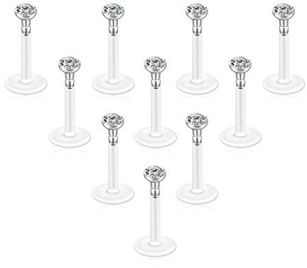 JSDDE 10er Tragus Piercing 16ga Acryl Bioflex Retainer Lippenpiercing Helix Piercing Stecker Labret Monroe Piercing Set (Zirkonia: 5mm)