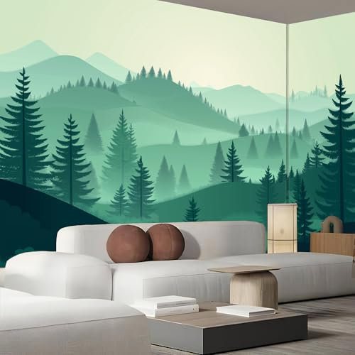ANALTIRCE Papier Peint Panoramique 3D Montagnes Vertes,Tissu de soie Forêt Abstraite Photo Mural, 400×280cm Poster Salon Chambre Mur de fond Chambre des Enfants Bureau Décoration de Maison