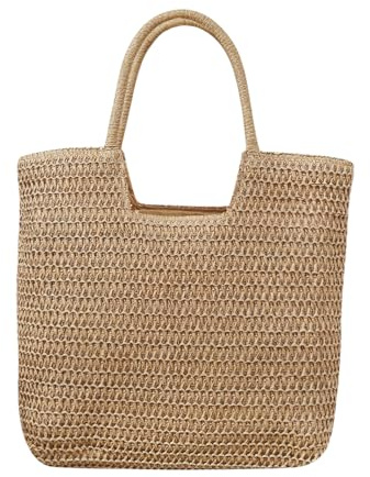 Long Keeper Sac Paille Femme - Grand Sac Fourre Tout Tressé Boho Tote Bag Sac Cabas de Plage en Paille Sacs à Main Bandouliere Ete pour Voyage Date Vacances (Chameau)