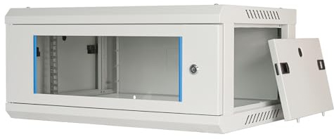 Netzwerkschrank 19 Zoll 4HE I 450 mm Tiefe I Serverschrank Grau montiert | Wandmontage I abschließbare Glastür I voll montiert I 100 kg Traglast I 600×450×280 mm (Grau - 45cm, 4HE)