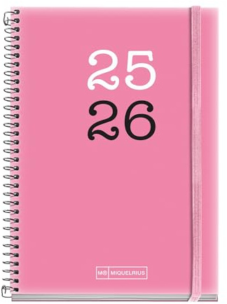 Miquelrius - Skolkalender 2025 2026, 12 månaders planering: september till augusti, storlek 117 x 174 mm, veckovisning, opak polypropylenöverdrag, gummistängning, spanska-engelska