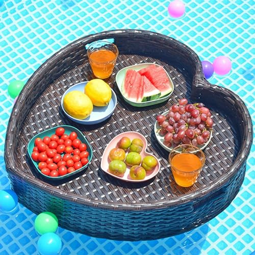 RUHEN Drink Floaties Tray Creative Heart-Shaped Multifunction Breakfast Tray on The Water Rattan Woven Hot Tub Side Table for Drinks,Snacks,and Essentials