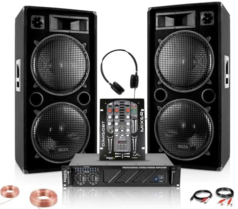 Ibiza - 2 x Ibiza STAR212 Lautsprecher 2 x 1500 W – Verstärker 2 x 800 W AMP1000-MKII – Mischpult DJM150USB-BT – Kopfhörer – DJ Abend Pro