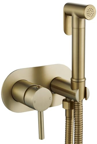 Bidet Sprayer Mixer Bidet Spray Kit, NewEast Round Brushed Gold Muslim Douche Set Shattaf, Hot and Cold Brass Bidet Set