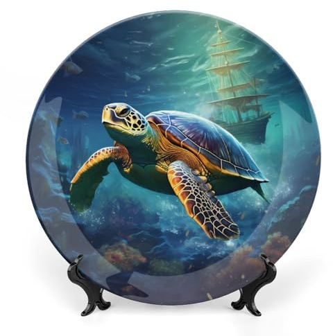 Plato decorativo de porcelana china con diseño de tortuga marina, barco pirata, plato de cena vintage, platos artísticos de pared, decoración del hogar, cocina, 8 pulgadas