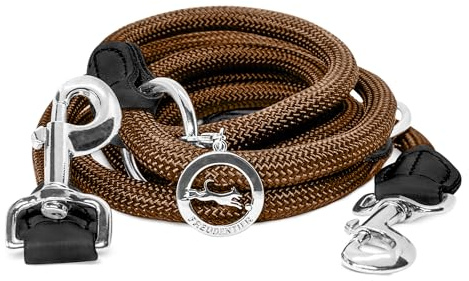 FREUDENTIER Hundeleine 2m - Führleine 3-Fach verstellbar - Robustes Nylon abgerundet mit stilvollen braunen Lederelementen - Leine Hund für mittelgroße & große Hunde (braun)