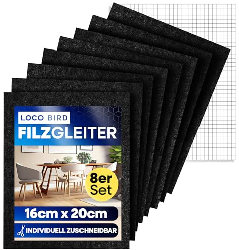 Loco Bird Filttassar, självhäftande för tillskärning – 8 stycken 16 x 20 cm – 4 mm svart, möbeltassar för parkett, parkettskydd för stolsben, filtplattor, golvskydd
