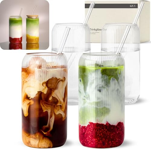 KIVY Räfflade glas, uppsättning om 4 med sugrör [4 x 450 ml] – iskaffe, vatten och matcha glas – ribbade glas aesthetic – iced matcha-glas – cocktailglas set – iskaffeglas räfflade