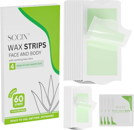 SCCIN Aloe Vera Ready to Use Wax Strips Hair Removal Kit:60 Pieces (40 Body + 20 Facial Waxing strips), 4 Calming Wipes, for Face, Eyebrows, Arms, Legs, Umderarm & Bikini (1 Pack)