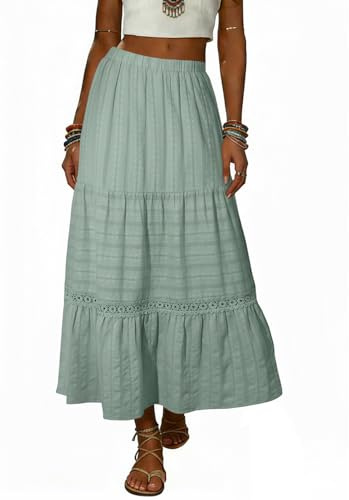 BLENCOT Women's Green Long Skirts High Waisted Flowy Maxi Skirt Boho Crochet Lace Skirt Beach Vacation Clothes for Women Green Medium