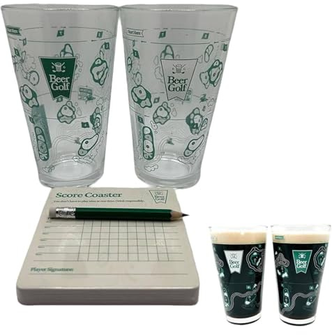Frenaki The 9 Hole Golf Course on a Beer Glass – Funny Game Set with 2 Pint Glasses16oz, Scorecard Coasters & Pencil | Unique Gift for Men & Drink Lovers (1Set(2pcs+Card))