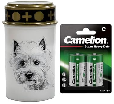 Fachhandel Plus LED Grablicht Hund mit Batterien – Grabkerze LED, wetterfeste Grableuchte Ewiges Licht mit Hundemotiv, warm flackerndes Gedenklicht für Tiergrab & Gedenkstätte (Weiß, Westi)