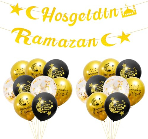 Ramadan Deko, Hosgeldin Ramazan Banner Luftballons, Ramadan Girlande Banner, Gold Glitzerndes Party Hängen Girlande, mit 18 Hosgeldin Ramazan Islam Latexballons, für Home Garten Festival Partyzubehör
