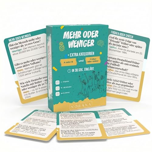 NORANA Mehr oder Weniger Quiz Spiel für Erwachsene für 2-8 Spieler | 324 Fragen in 3 Kategorien - perfektes Reisespiel oder bei Familienfeiern