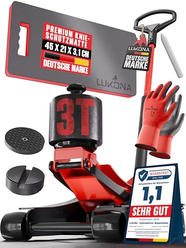 Hydraulischer Wagenheber 3T (83–500 mm) – Extra Fußpedal, D-Griff, inkl. Reifenstift, Knieschoner & Handschuhe – Rangierwagenheber für PKW (Rot)