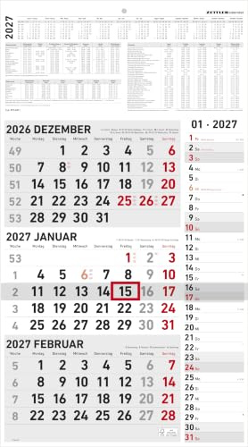 3-Monatskalender Kombi 2027: Wandkalender 33x59 cm mit 3 Monaten pro Blatt, Datumschieber, Wochenzählung, Feiertagen & Ferien ideal für Büro & Homeoffice