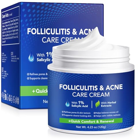 Folliculitis & Acne Care Cream 100g | 1% Salicylic Acid & Herbal Extracts | For Scalp, Face, Body & Butt | Ingrown Hairs, Razor Bumps & Blemish Repair | Pore Refining, Oil Control & Soothing Skin Care