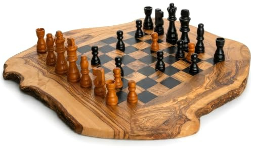 Schachbrett aus Olivenholz Handgefertigt mit Naturkante – Rustikales Schachspiel, Mediterran, Unikat, Geschenkidee (Schwarz, 40×40×2 cm)