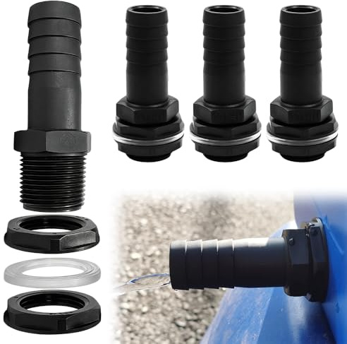 mizikuu Lot de 4 passages de réservoir - Filetage extérieur de 2,54 cm - Avec embout de tuyau de 25 mm - En plastique - Pour tonneau de pluie