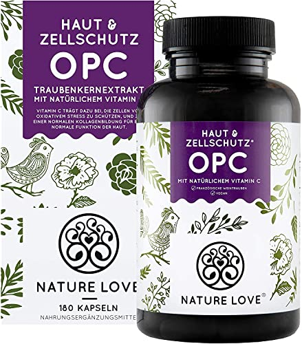 NATURE LOVE® OPC Traubenkernextrakt - 180 Kapseln - hochdosiert mit 800mg Extrakt je Tagesdosis - aus französischen Trauben - mit natürlichem Vitamin C - laborgeprüft, vegan, in Deutschland produziert