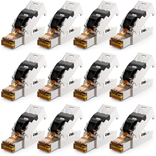 deleyCON RJ45 Stecker 10 Gbit/s werkzeuglos LSA CAT6a-CAT8 PoE, 12 Stück | Schneidklemme, für LAN Ethernet Verlegekabel, Netzwerkkabel, geschirmt, Metallgehäuse