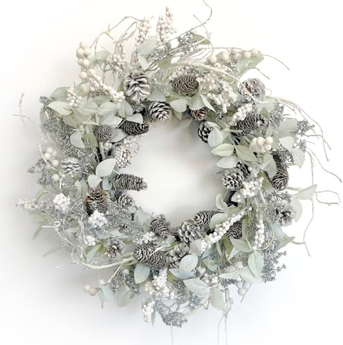 Birch Wreath with White Berries, Iced Pine Cones, Holly Leaf, Branch - 26 Winter Christmas Wreath for Front Door or Indoor Wall Window Thanksgiving Decor