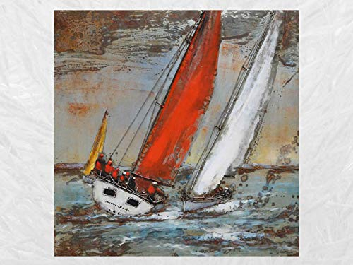 IDYL Metall-Bild mit 3D-Effekt | Moderne Kunst | Segelboote in Fahrt | Regatta | 100 x 100 x 7 cm | Nr. 1182