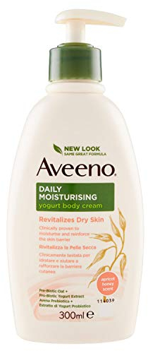 Aveeno Daily Mosturising Crema Corpo Idratante allo Yogurt, Crema corpo profumata al Miele e Albicocca, Crema corpo idratante pelle secca con Avena e Yogurt Greco, 300 ml