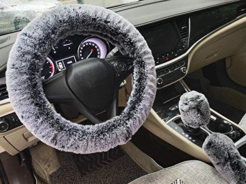 IXITON Winter Warm Fluffy Furry Fuzzy Auto Lenkradhüllen,Universal Verdickung Kunstpelz Plüsch Auto Lenkabdeckungen+Schalthebelabdeckungen+Handbremsabdeckungen -3 Stück/Set (Black Gray)