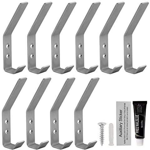 SWAWIS 10 Stück Wandhaken Haken Mantelhaken Kleiderhaken Edelstahl 142 x 20mm Huthaken Garderobenhaken Handtuchhaken Bohrmontage/Klebemontage Haken Universalhaken für Bad Küche Büro Toilette, Groß